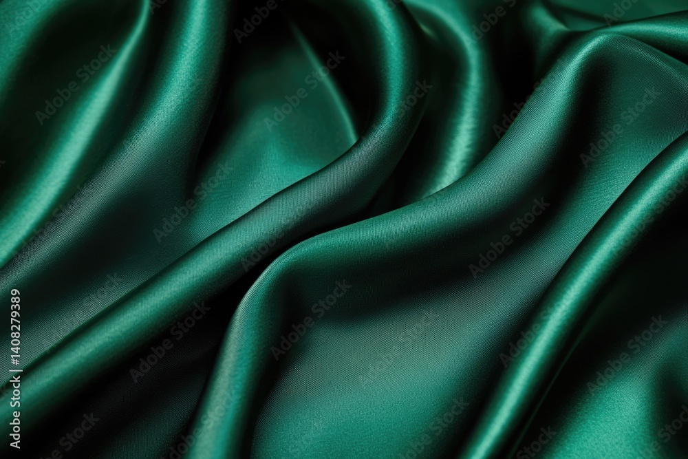 Fototapeta premium Luxurious emerald green satin fabric with elegant drapes and soft sheen.