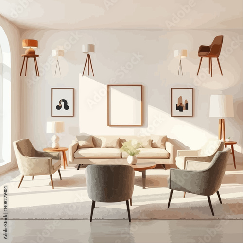 Minimalist Modern Living Room Interior - Cozy Beige and Gray Furniture with Stylish Decor