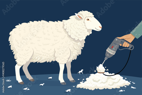 A cheerful cartoon sheep undergoing a shearing, its fluffy wool being carefully removed.  Background is simple and uncluttered.