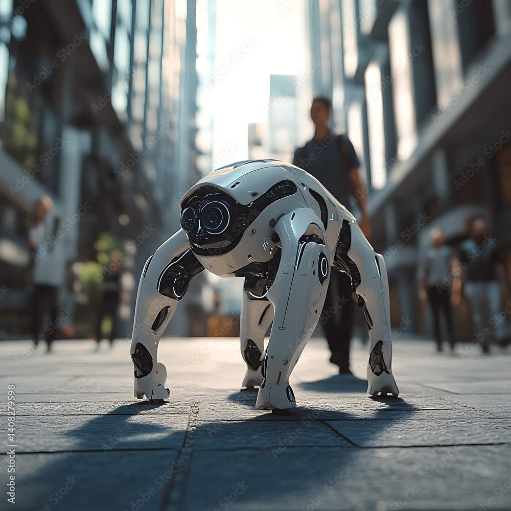 Robotic pet with glowing eyes walking in modern city image