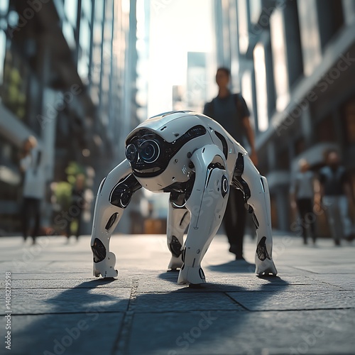 Robotic pet with glowing eyes walking in modern city image