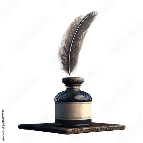 Vintage Ink Bottle with Feather Quill on Stone Base in Moody Lighting for Historical or Literary Themes