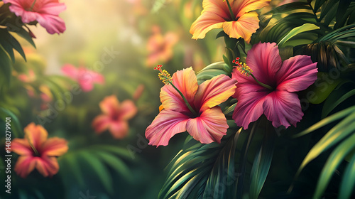 Lush hibiscus blossoms in a tropical garden setting.