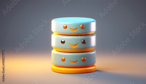 Smiling Cartoon Database Stack Representing Data Storage and Management in a Playful 3D Rendered Illustration on a Gradient Background