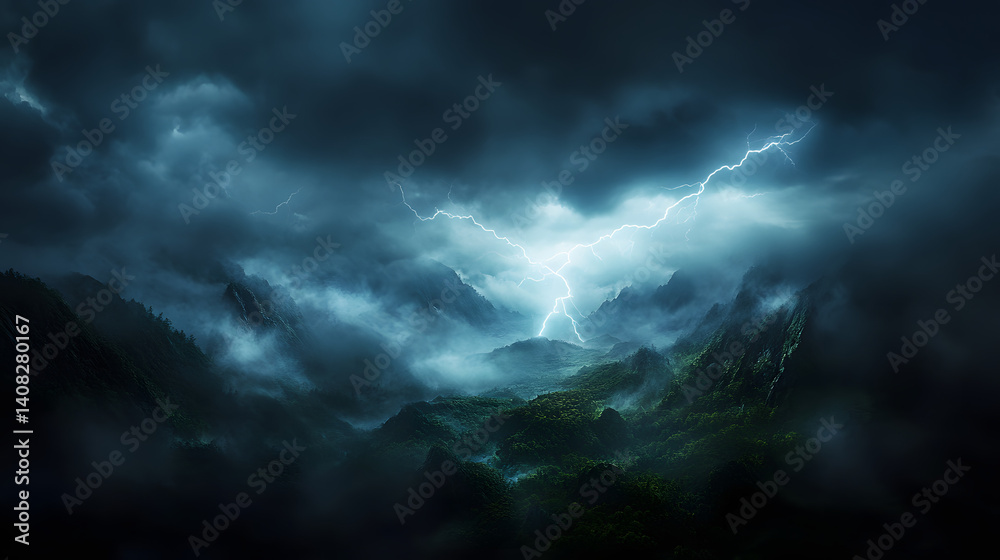 Fototapeta premium Mountains shrouded in mist and dark clouds, with flashes of lightning creating an eerie atmosphere as a thunderstorm approaches.