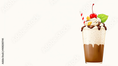 Chocolate Milkshake with Whipped Cream and Cherry on Beige Background