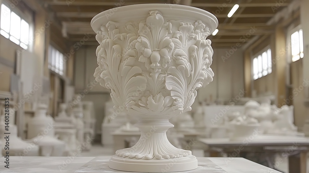 Ornate plaster planter, meticulously crafted in a workshop setting. Ornate plaster planter, meticulously crafted in a workshop setting.