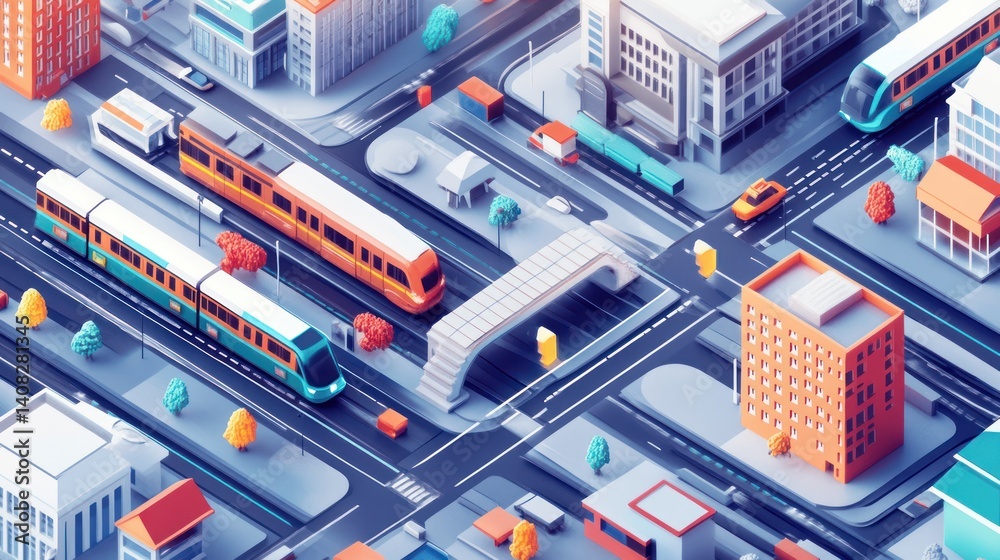 A vibrant, stylized, isometric view of a city with various transportation methods. A vibrant, stylized, isometric view of a city with various transportation methods.