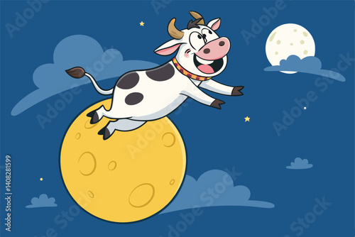 Create a whimsical cartoon illustration of a happy cow joyfully leaping over a large, cheerful moon.  Emphasize bouncy, playful energy.