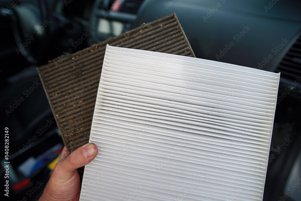 Technician or car owner replacing used cabin air filter filled with dust, debris during routine auto service to ensure clean airflow and better health inside. Hold in hand old and new cabin air filter