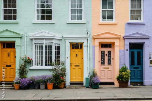 Fototapeta Naklejka Na Ścianę i Meble -  Pastel colored townhouses in a row in a city.