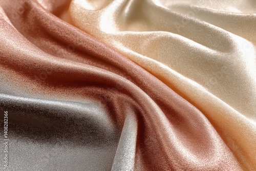 Satin silk fabric with soft flowing folds in champagne rose and silver tones featuring glossy surface and smooth texture for elegant textile design and visual presentation
