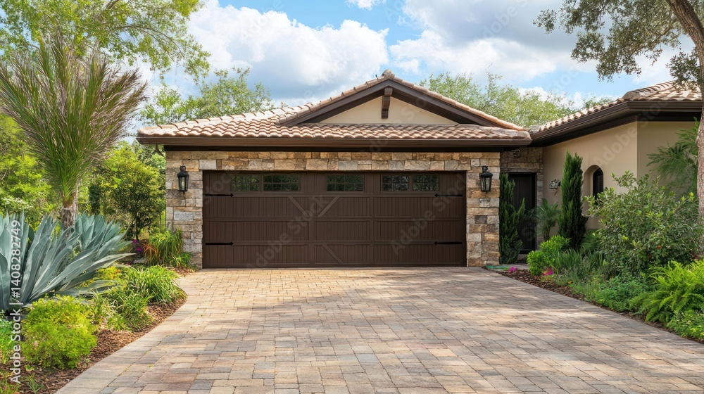 A beautiful house exterior with a dark brown garage door A beautiful house exterior with a dark brown garage door