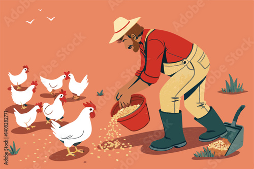 A farmer, hands cupped, gently feeds a flock of chickens scattered grain in a rustic farmyard setting.