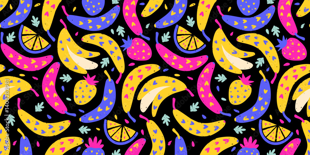 Tropical Exotic Fruit Pattern Crayon Bg Banana Strawberry Lemon Texture Summer Vector Chalk Seamless Abstract Background Organic Mix