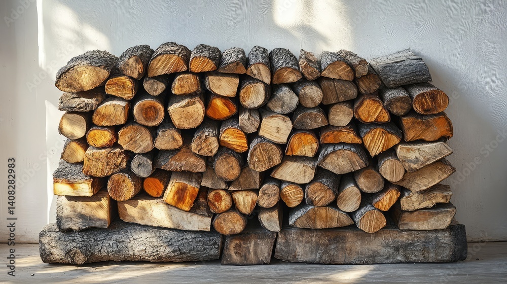 A neatly arranged pile of firewood ready for a bonfire, displayed against a minimalist white background with soft shadows - A neatly arranged pile of firewood ready for a bonfire, displayed against a minimalist white background with soft shadows -