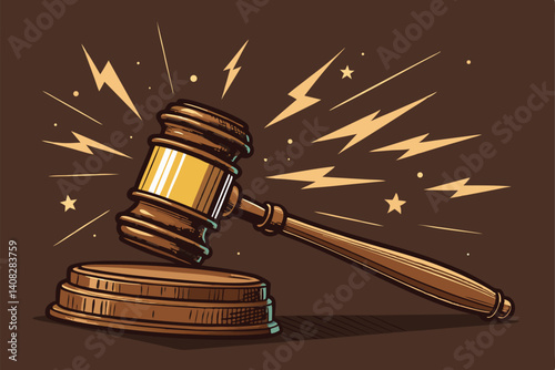 Create a dramatic image of a gavel forcefully striking a surface,  with bold, dynamic impact lines radiating outwards against a dark background.