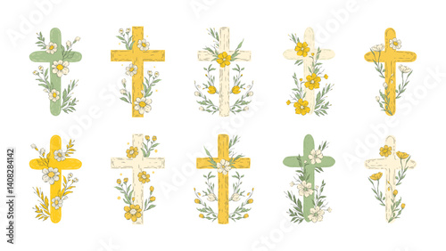 Easter Cross Sketch Set Rustic Collection Jesus Christ Crosses Religion Vector Catholic Floral Vintage Pastel Flowers