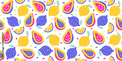 Tropical Exotic Fruit Pattern Crayon Papaya Lemon Bg Texture Summer Vector Chalk Cartoon Seamless Abstract Background Chalk Organic