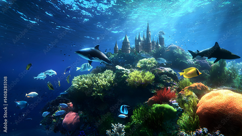 Fototapeta premium Vibrant Underwater Scene with Colorful Coral Reef and Diverse Marine Life Swimming Around a Sunken Castle