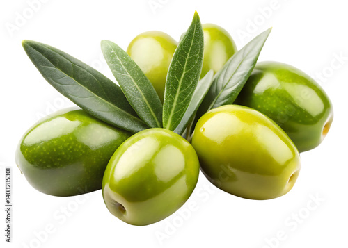 Green olives with leaves isolated on white background png