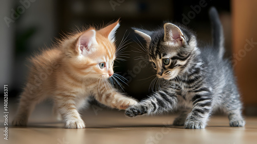 Two kittens batting at each other’s tails, their playful tussle full of energy and fun.