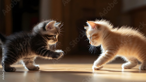 Two kittens batting at each other’s tails, their playful tussle full of energy and fun.