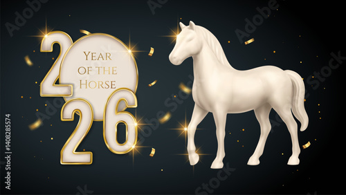 2026 Horse Chinese Lunar New Year Numbers Vector Banner Traditional Gold White Horse Zodiac