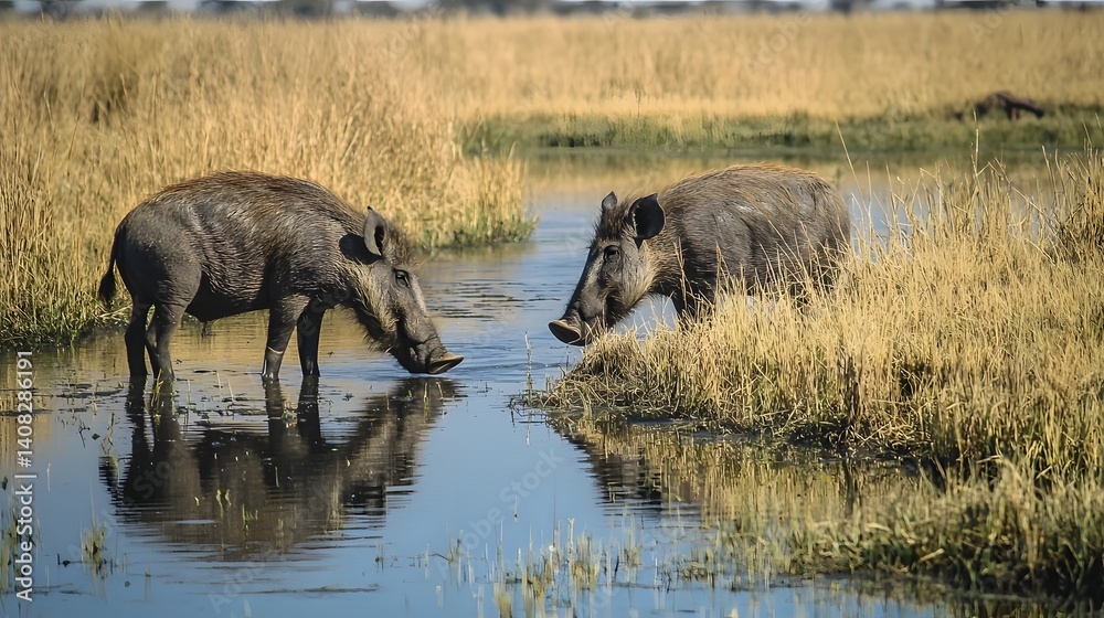 A pair of warthogs grazing peacefully near a small calm waterhole surrounded by lush tall grass in an idyllic African savanna landscape The warthogs are reflected in the still water A pair of warthogs grazing peacefully near a small calm waterhole surrounded by lush tall grass in an idyllic African savanna landscape The warthogs are reflected in the still water