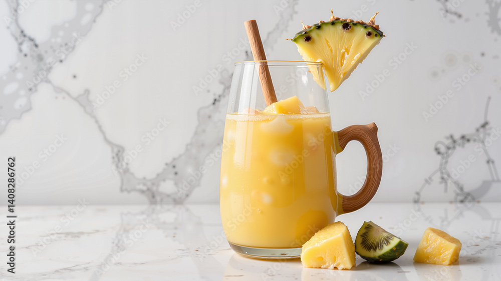 Fototapeta premium Refreshing pineapple juice with ice and lime on a marble background 