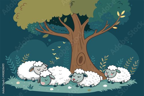 A flock of sheep peacefully slumbering beneath the shade of a large, sprawling tree in a sun-dappled pasture.