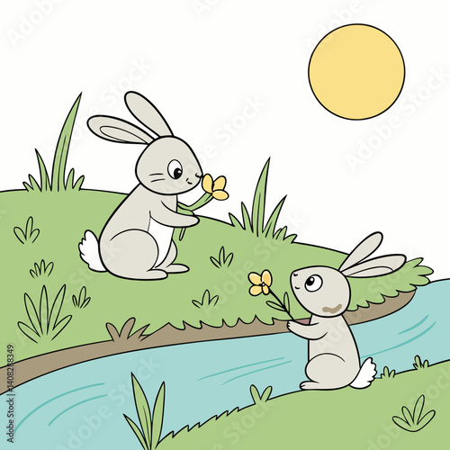 Two light-gray rabbits are depicted in a landscape setting. Rabbits are sitting on a grassy hil. Both rabbits are facing forward, and are eating small branches of light-green leaves. Generative ai.