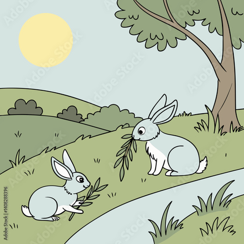 Two light-gray rabbits are depicted in a landscape setting. Rabbits are sitting on a grassy hil. Both rabbits are facing forward, and are eating small branches of light-green leaves. Generative ai.