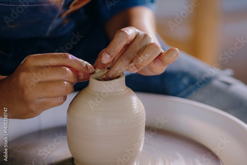 фотографія Close-up of a Latina woman’s hands shaping a ceramic piece in her workshop