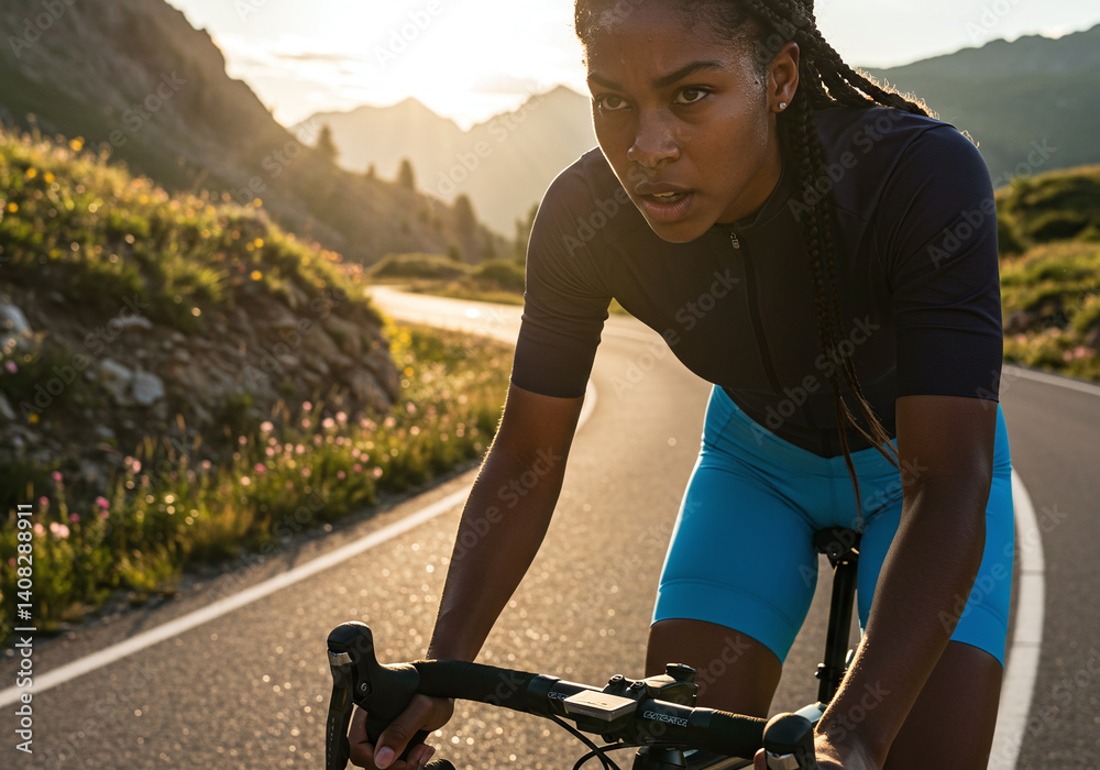 Obraz premium Close-up of a focused cyclist pedaling powerfully on a scenic mountain road