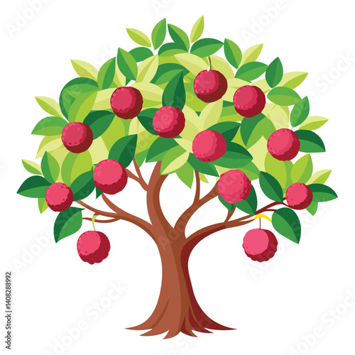 Big lychee tree with ripe red lychees on white background — lush green tropical fruit tree vector illustration with detailed leaves and hanging lychee clusters for nature or garden themes