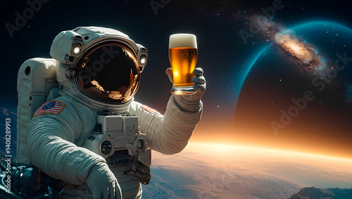 Astronaut Enjoys Beer In Space. Astronaut holding a glass of beer in space, against the background of the galaxy, planets, the Milky Way and flying spaceships. Generative Ai