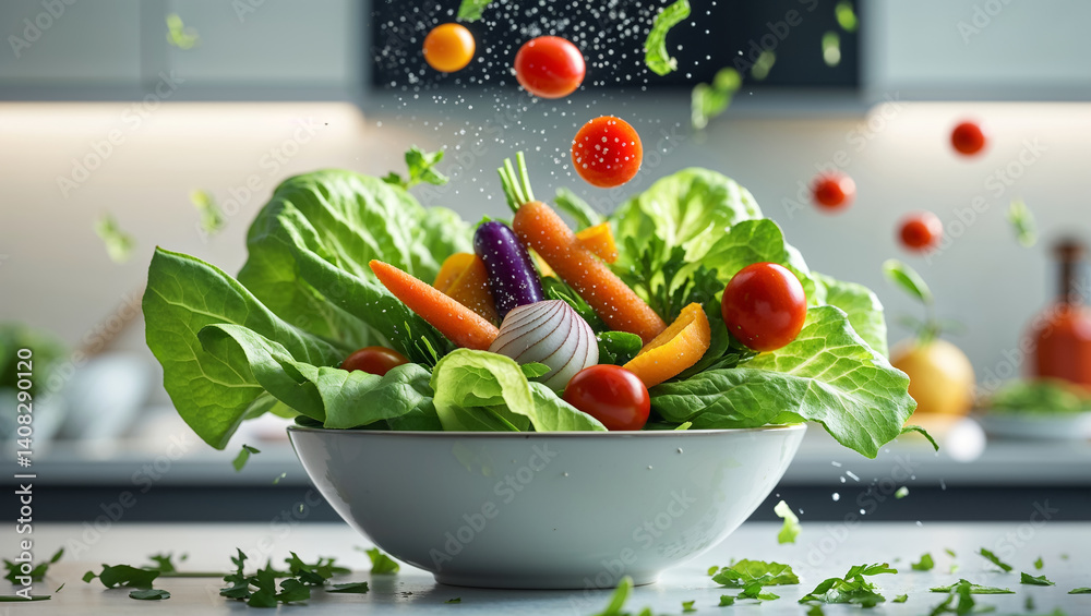 salad leaves, vegetables fall into the plate