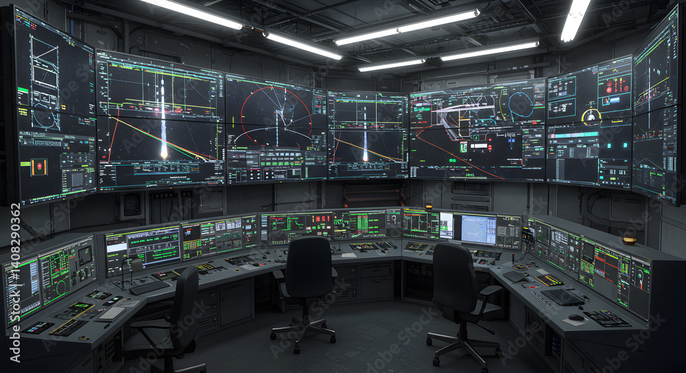 Fototapeta premium High-tech control room with multiple monitors displaying complex data visualizations, illuminated by fluorescent lights and featuring several operator chairs.