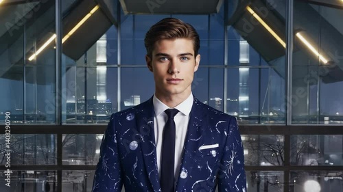 Wallpaper Mural Handsome man with light eyes posing in an office building, wearing a suit with a galaxy themed print in front of a window at night. Torontodigital.ca