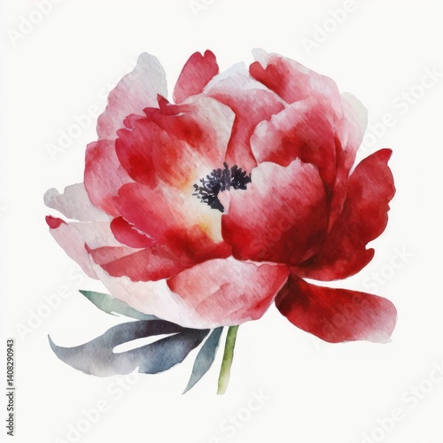 Bright red peony flower. Watercolor illustration on white paper. Realistic Florals. Generative AI.