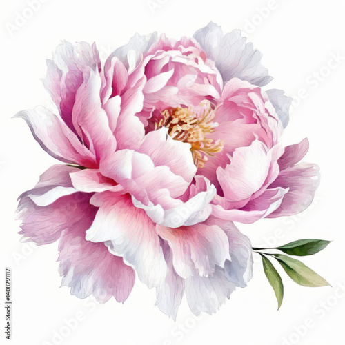 Realistic light pink ink peony flower. Watercolor illustration on white background. Good for wedding invitations and cards. Generative AI.
