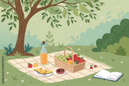 A charming picnic scene featuring a checkered blanket, assorted fresh fruits, a glass of juice, and an open book, bathed in sunlight.