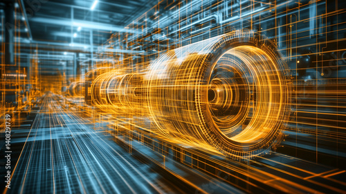 Digitale Turbine in einer futuristischen Produktionshalle, Darstellung der Industrie der Zukunft, Querformat