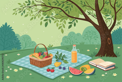 A sunny picnic scene featuring a checkered blanket, assorted fresh fruits, a glass of juice, and an open book.  Peaceful and idyllic outdoor setting.