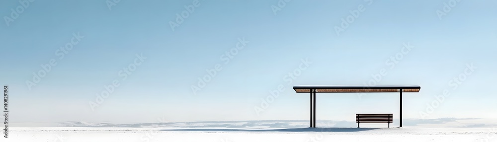 Solitary bus stop surrounded by a vast serene snowy landscape with a simple wooden shelter and a single bus in the distance creating a sense of tranquility and isolation Solitary bus stop surrounded by a vast serene snowy landscape with a simple wooden shelter and a single bus in the distance creating a sense of tranquility and isolation