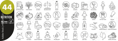 Nutrition, diet - editable stroke thin line icons set. Proteins, carbohydrates, fruits, vegetables, diary, vitamins, meal, nutritionist, electrolytes, alcohol, fast food, sodium, vector illustration