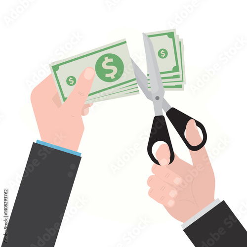 Businessman hand uses scissors and cuts off some money. Reduction of wages or salary, increase taxes. Inflation reduces profits and deductions.