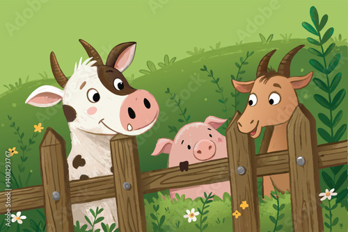 A rustic, weathered wooden fence with gaps, showcasing various farm animals playfully poking their heads and bodies through the slats.