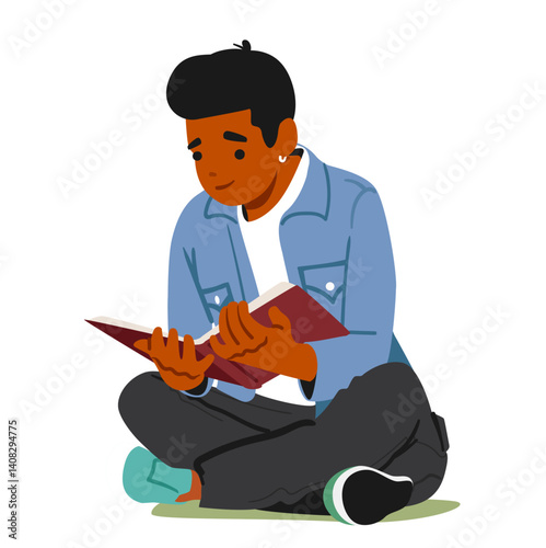 Teenage student boy cartoon character reading book sitting on ground isolated on white background